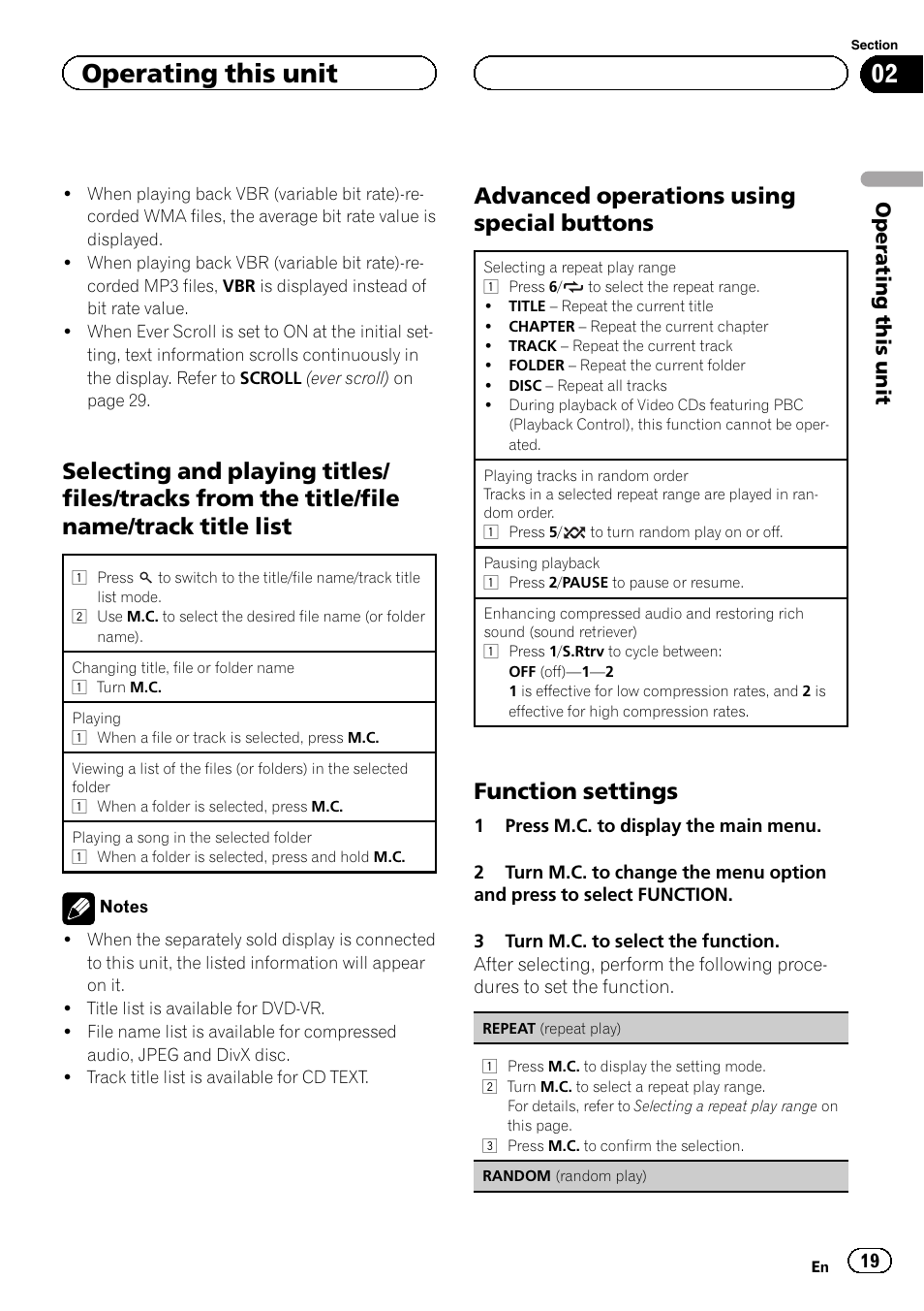 Selecting and playing titles/files/tracks, From the title/file name/track title list, Advanced operations using special | Buttons, Function settings 19, Advanced operations using special buttons, Function settings, Operating this unit | Pioneer DVH-3200UB User Manual | Page 19 / 44