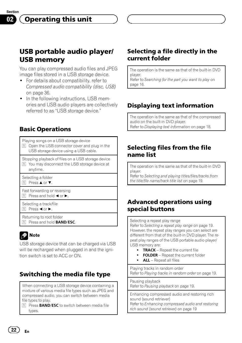 Usb portable audio player/usb memory, Basic operations 22, Switching the media file type 22 | Selecting a file directly in the current, Folder, Displaying text information 22, Selecting files from the file name, List, Advanced operations using special, Buttons | Pioneer DVH-3200UB User Manual | Page 22 / 44