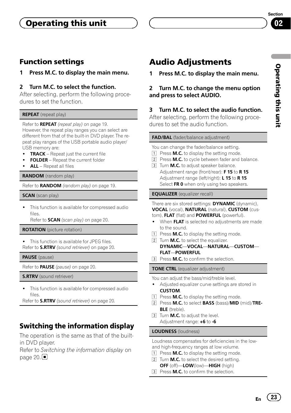 Function settings 23, Switching the information display 23, Audio adjustments | Function settings, Switching the information display, Operating this unit | Pioneer DVH-3200UB User Manual | Page 23 / 44