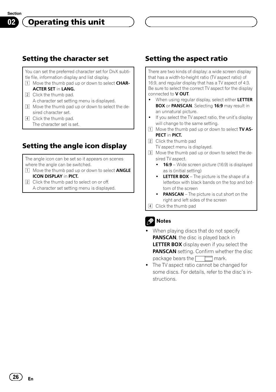 Setting the character set 26, Setting the angle icon display 26, Setting the aspect ratio 26 | 02 operating this unit, Setting the character set, Setting the angle icon display, Setting the aspect ratio | Pioneer DVH-3200UB User Manual | Page 26 / 44