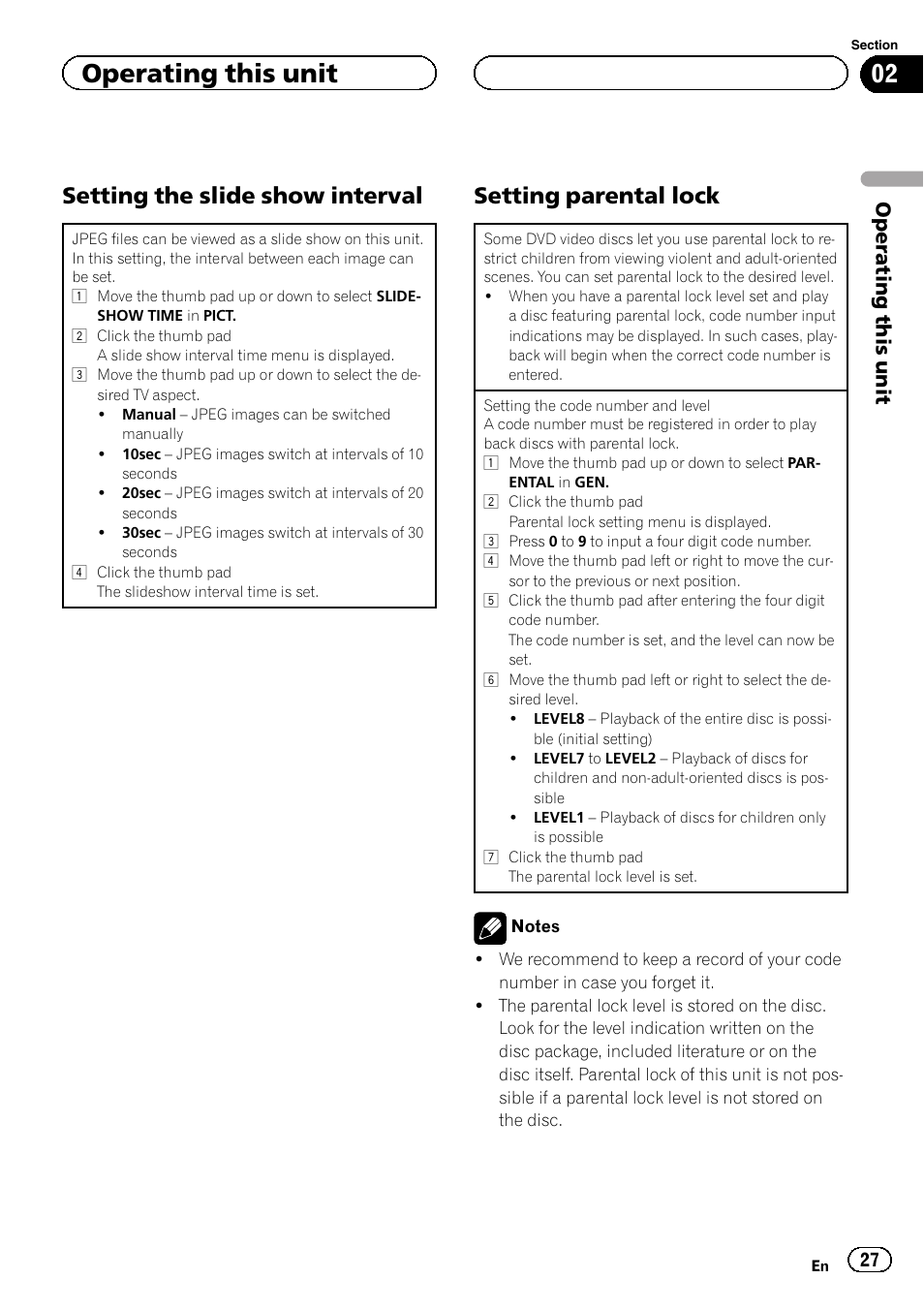 Setting the slide show interval 27, Setting parental lock 27, Setting the slide show interval | Setting parental lock, Operating this unit | Pioneer DVH-3200UB User Manual | Page 27 / 44