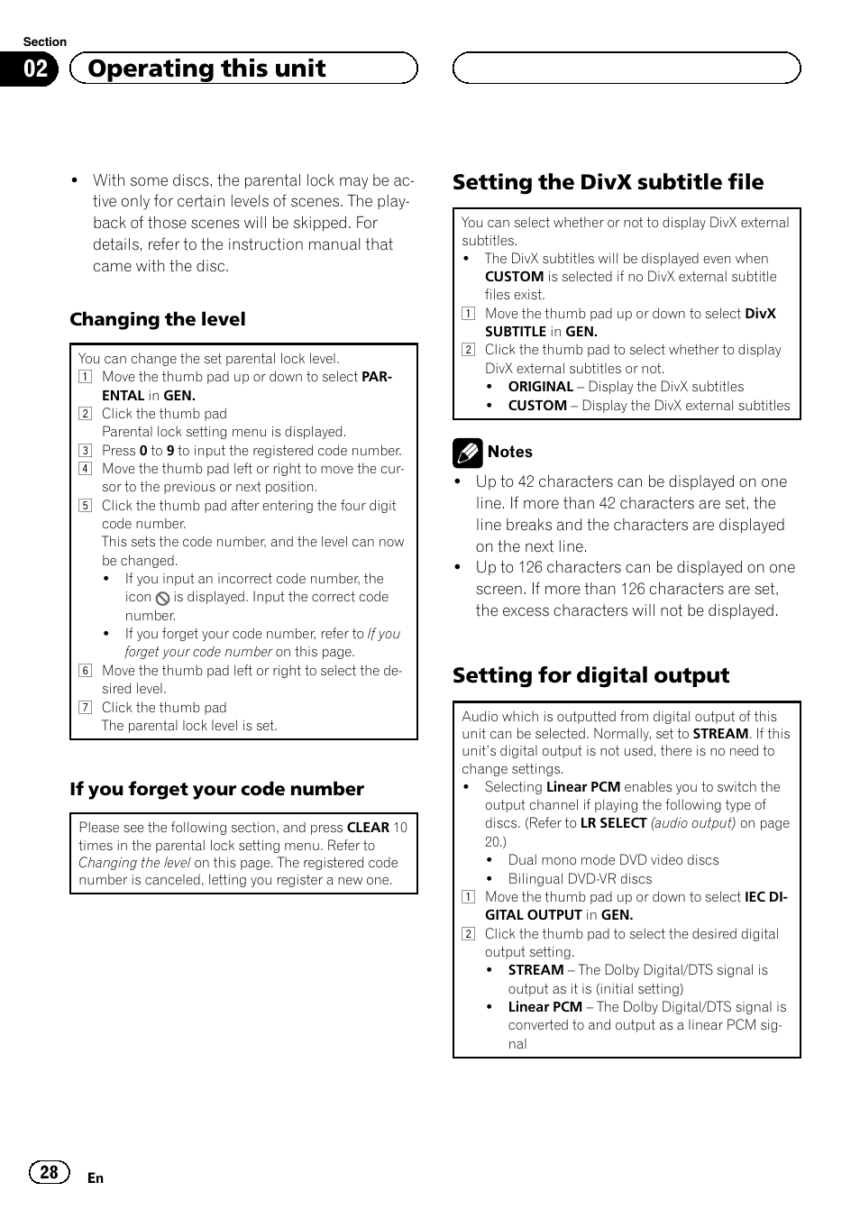 Setting the divx subtitle file 28, Setting for digital output 28, 02 operating this unit | Setting the divx subtitle file, Setting for digital output, Changing the level, If you forget your code number | Pioneer DVH-3200UB User Manual | Page 28 / 44