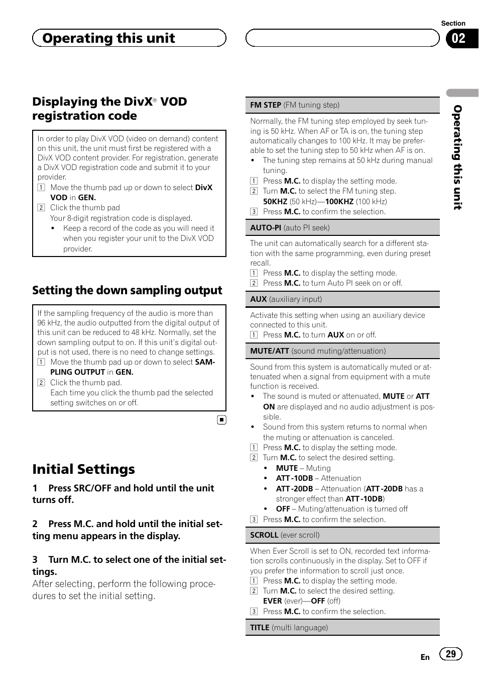 Displaying the divxâ vod registration, Code, Setting the down sampling output 29 | Initial settings, Displaying the divx, Vod registration code, Setting the down sampling output, Operating this unit | Pioneer DVH-3200UB User Manual | Page 29 / 44