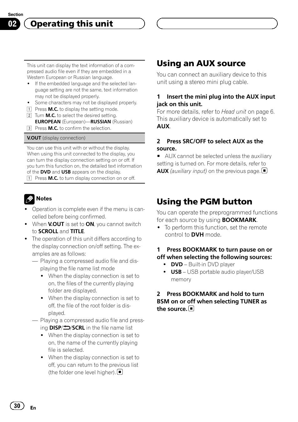 Using an aux source, Using the pgm button, V.out (display connec | 02 operating this unit | Pioneer DVH-3200UB User Manual | Page 30 / 44