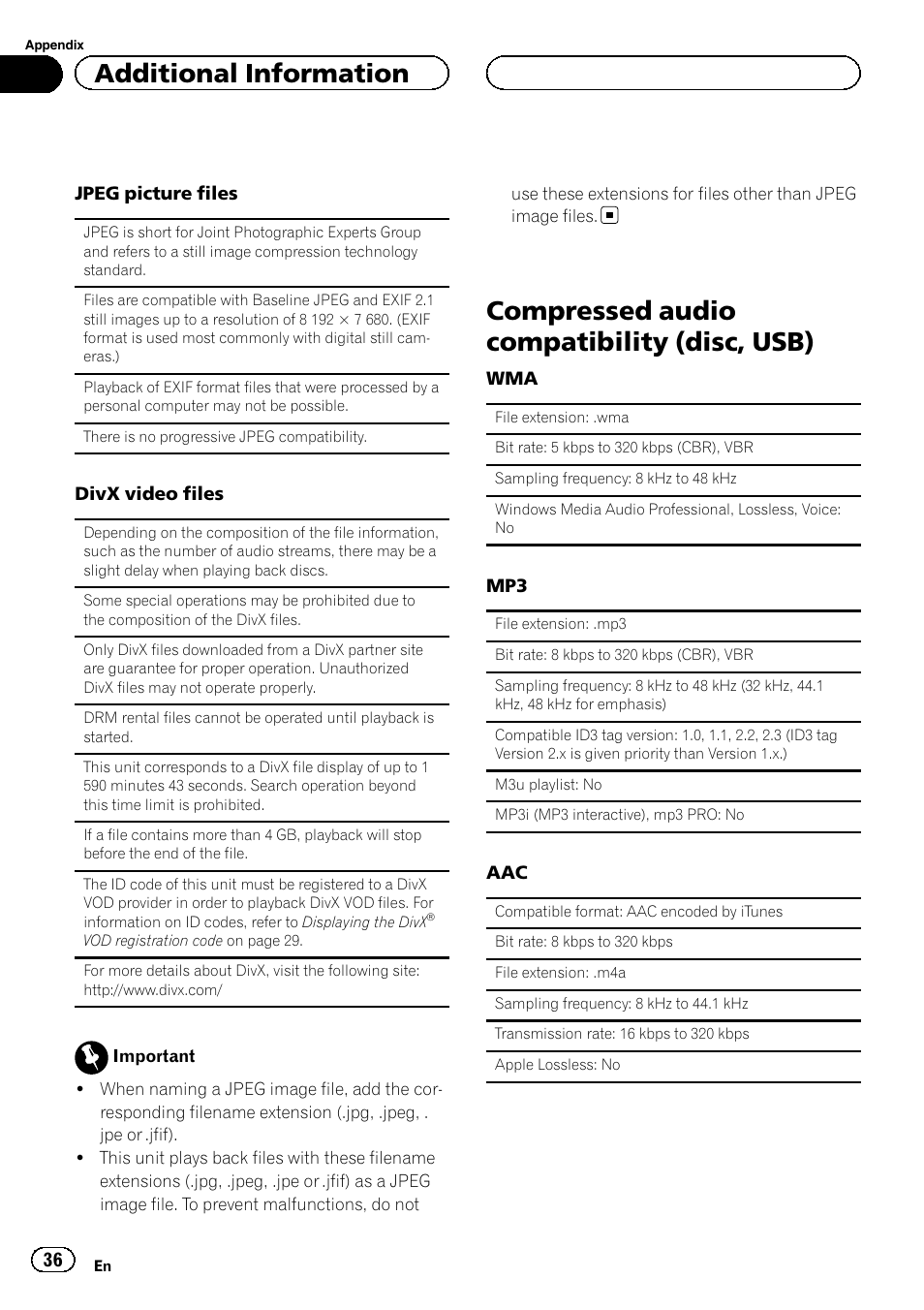 Compressed audio compatibility (disc, Usb), Compressed audio compatibility (disc, usb) | Additional information | Pioneer DVH-3200UB User Manual | Page 36 / 44