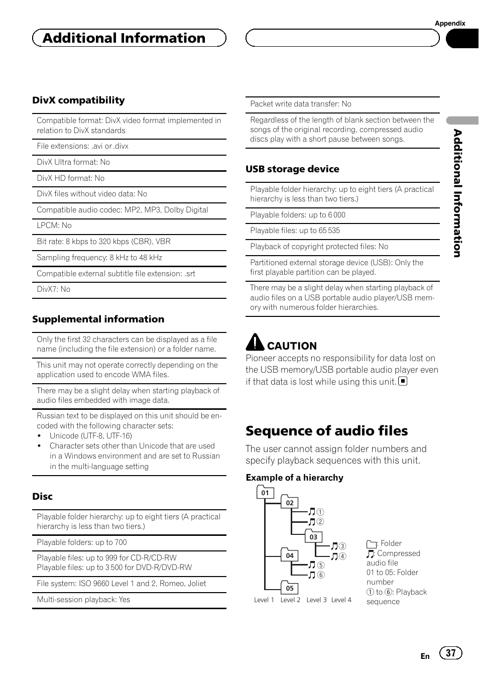 Sequence of audio files, Additional information, Caution | Pioneer DVH-3200UB User Manual | Page 37 / 44