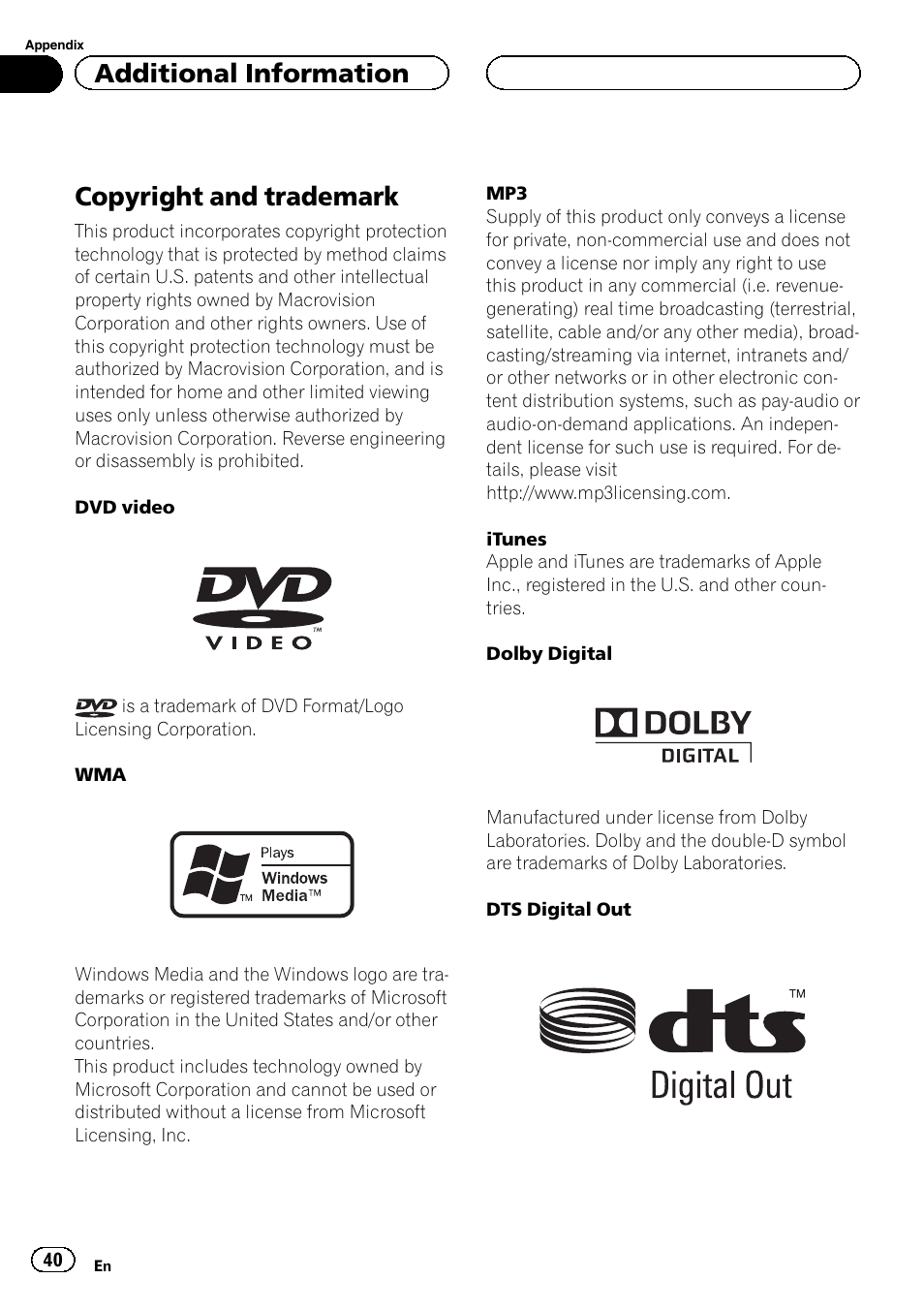 Copyright and trademark, Additional information | Pioneer DVH-3200UB User Manual | Page 40 / 44