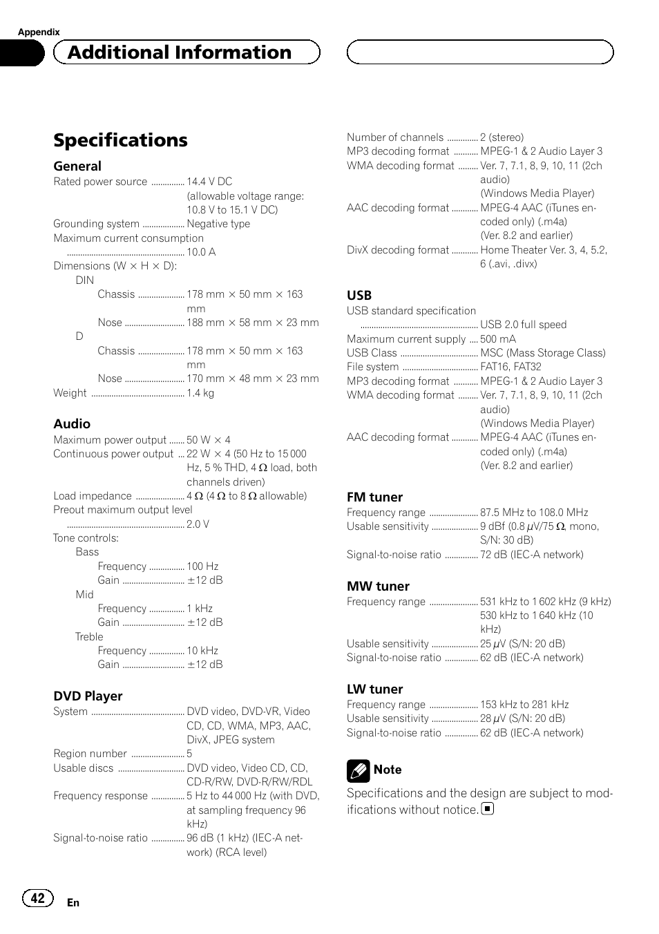 Specifications, Additional information | Pioneer DVH-3200UB User Manual | Page 42 / 44