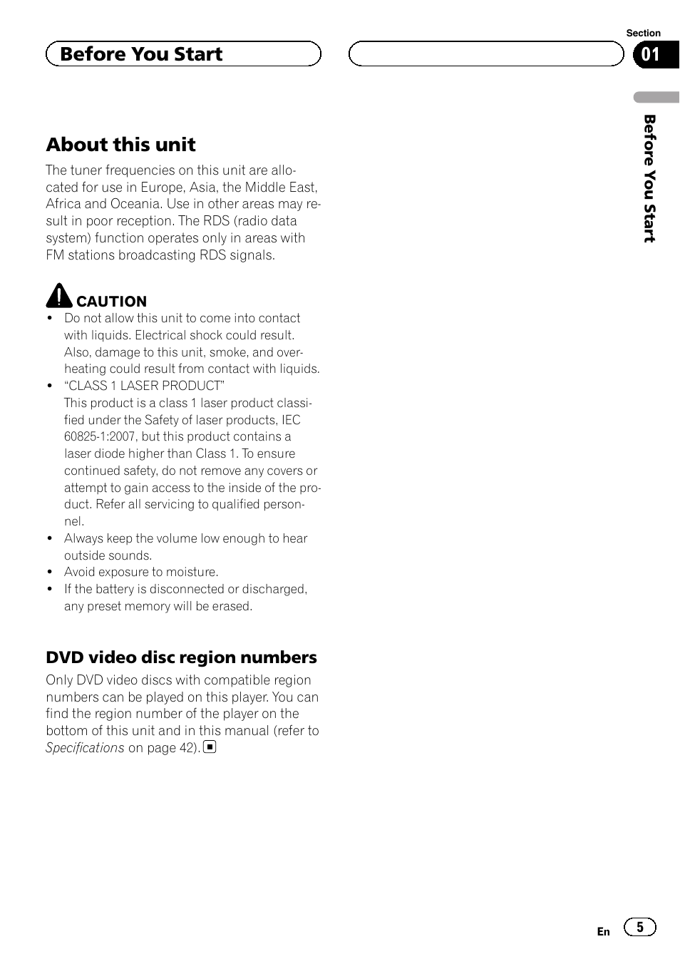 Dvd video disc region numbers 5, About this unit, Before you start | Pioneer DVH-3200UB User Manual | Page 5 / 44
