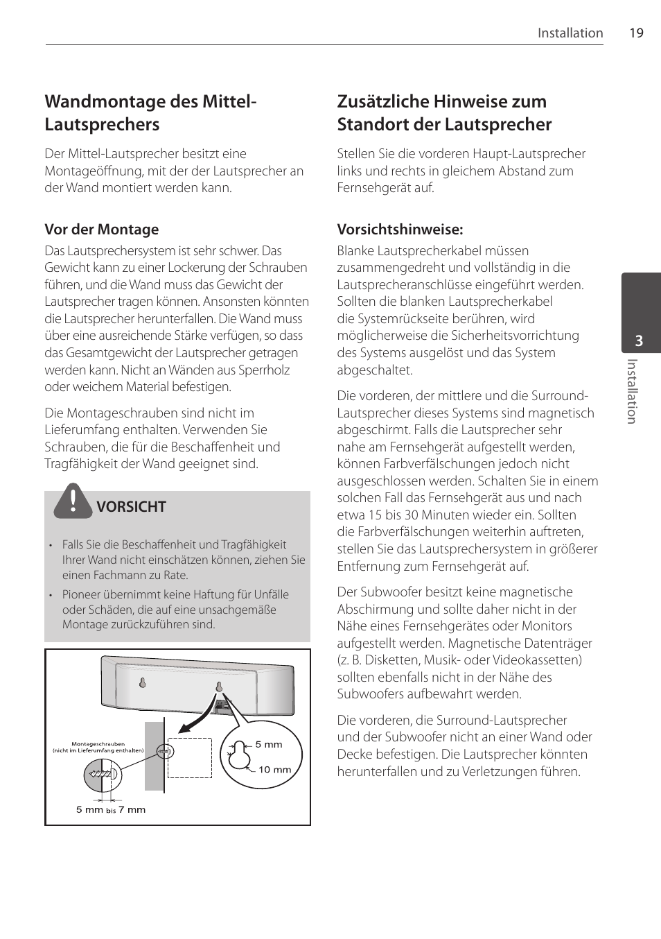 Wandmontage des mittel- lautsprechers, Zusätzliche hinweise zum standort der lautsprecher | Pioneer DCS-404K User Manual | Page 111 / 278