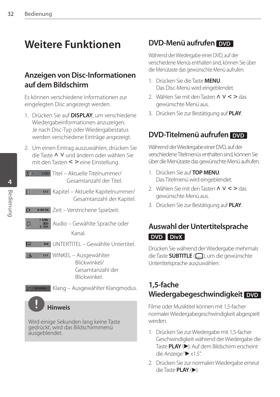 Weitere funktionen, Anzeigen von disc-informationen auf dem bildschirm, Dvd-menü aufrufen | Dvd-titelmenü aufrufen, Auswahl der untertitelsprache, 1,5-fache wiedergabegeschwindigkeit | Pioneer DCS-404K User Manual | Page 124 / 278