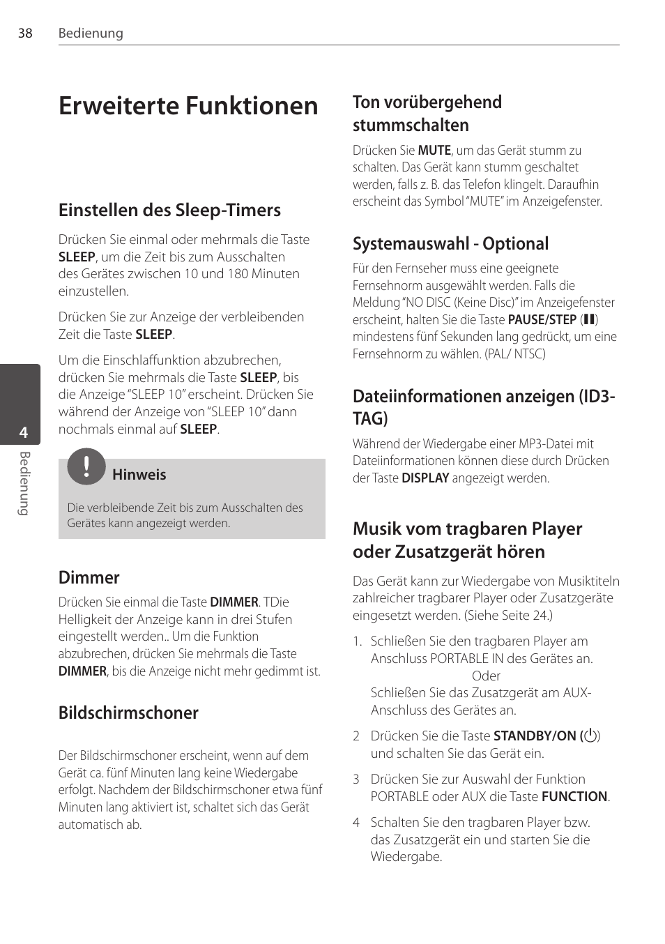 Erweiterte funktionen, Einstellen des sleep-timers, Dimmer | Bildschirmschoner, Ton vorübergehend stummschalten, Systemauswahl - optional, Dateiinformationen anzeigen (id3- tag), Musik vom tragbaren player oder zusatzgerät hören | Pioneer DCS-404K User Manual | Page 130 / 278