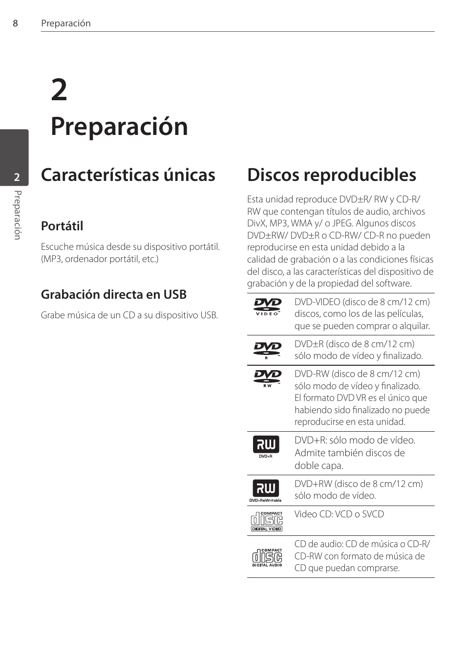 Preparación, Características únicas, Discos reproducibles | Pioneer DCS-404K User Manual | Page 238 / 278