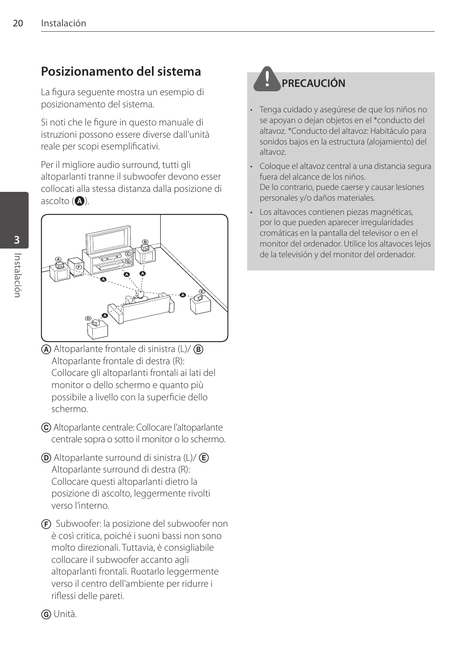 Posizionamento del sistema, Precaución, 20 instalación instalación | Pioneer DCS-404K User Manual | Page 250 / 278