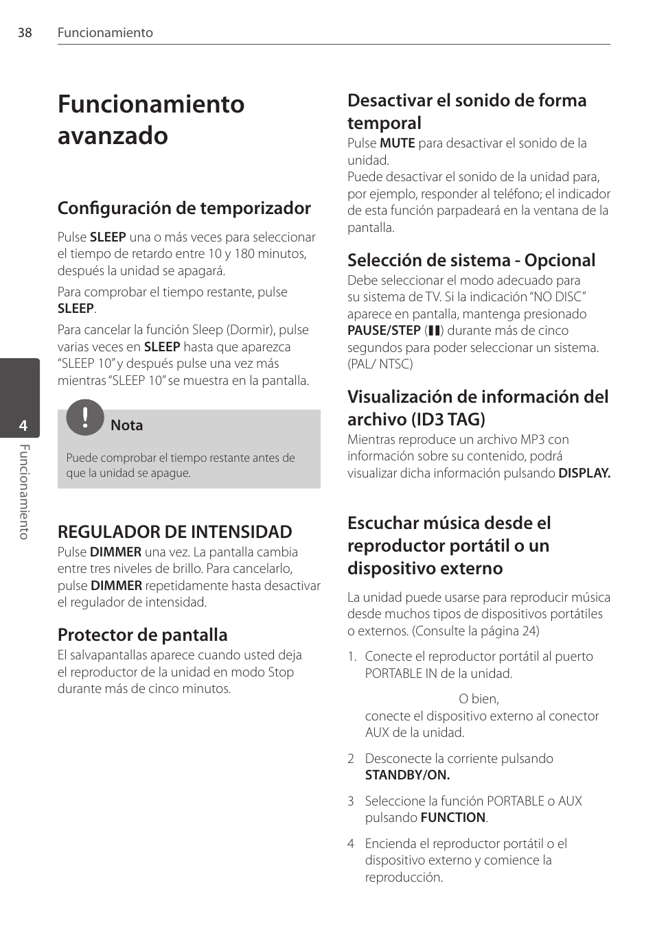 Funcionamiento avanzado, Configuración de temporizador, Regulador de intensidad | Protector de pantalla, Desactivar el sonido de forma temporal, Selección de sistema - opcional, Visualización de información del archivo (id3 tag) | Pioneer DCS-404K User Manual | Page 268 / 278