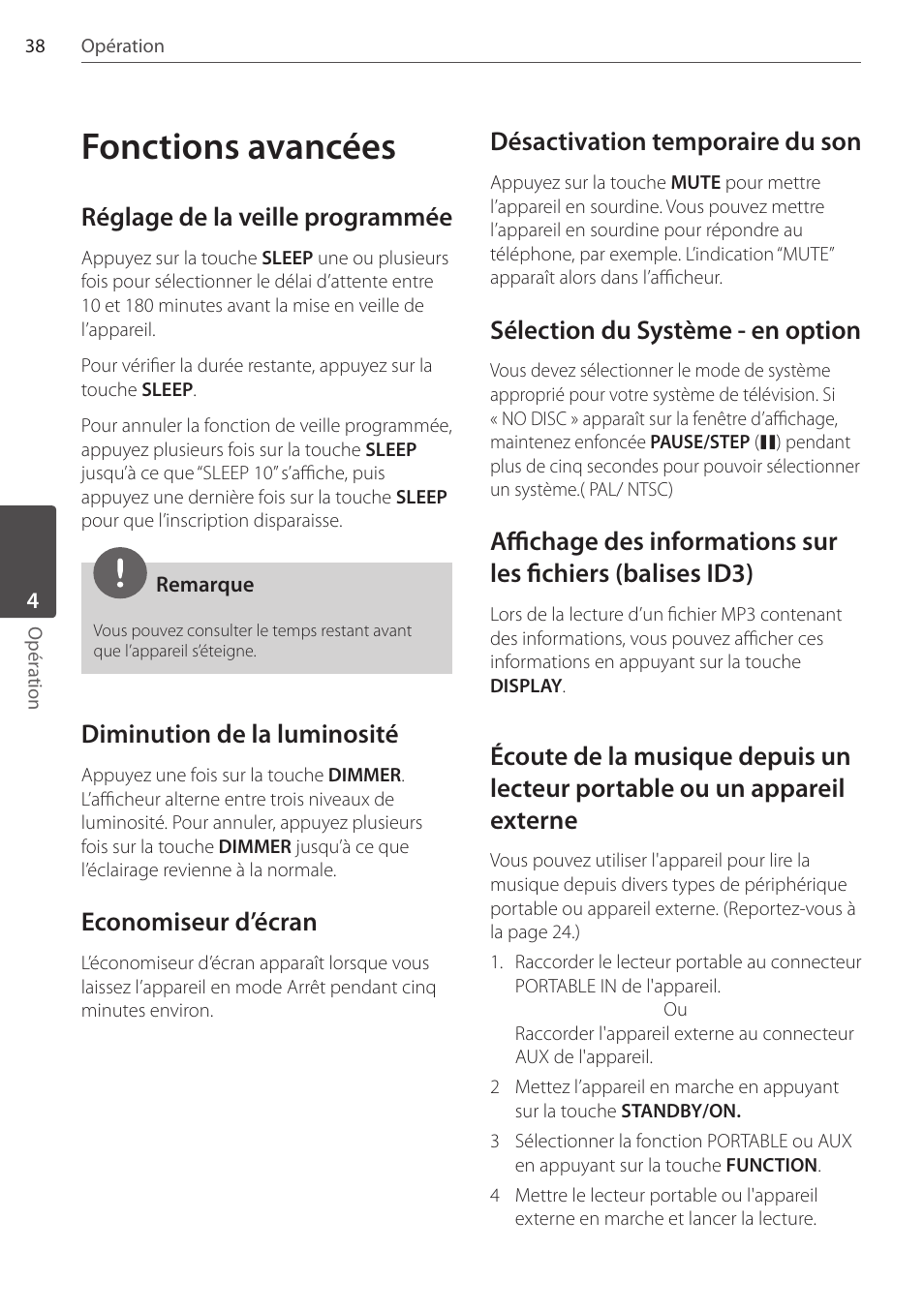 Fonctions avancées, Réglage de la veille programmée, Diminution de la luminosité | Economiseur d’écran, Désactivation temporaire du son, Sélection du système - en option | Pioneer DCS-404K User Manual | Page 84 / 278