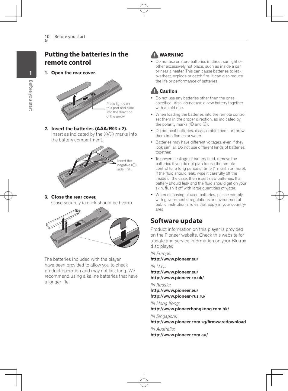 Putting the batteries in the remote control, Software update | Pioneer BCS-HF828 User Manual | Page 10 / 100