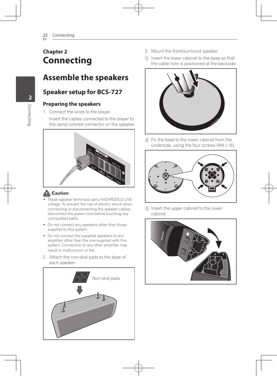 Assemble the speakers, Speaker setup for bcs-727, Connecting | Pioneer BCS-HF828 User Manual | Page 22 / 100
