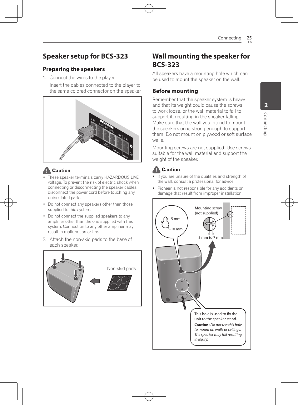 Speaker setup for bcs-323, Wall mounting the speaker for bcs-323, Preparing the speakers | Before mounting | Pioneer BCS-HF828 User Manual | Page 25 / 100