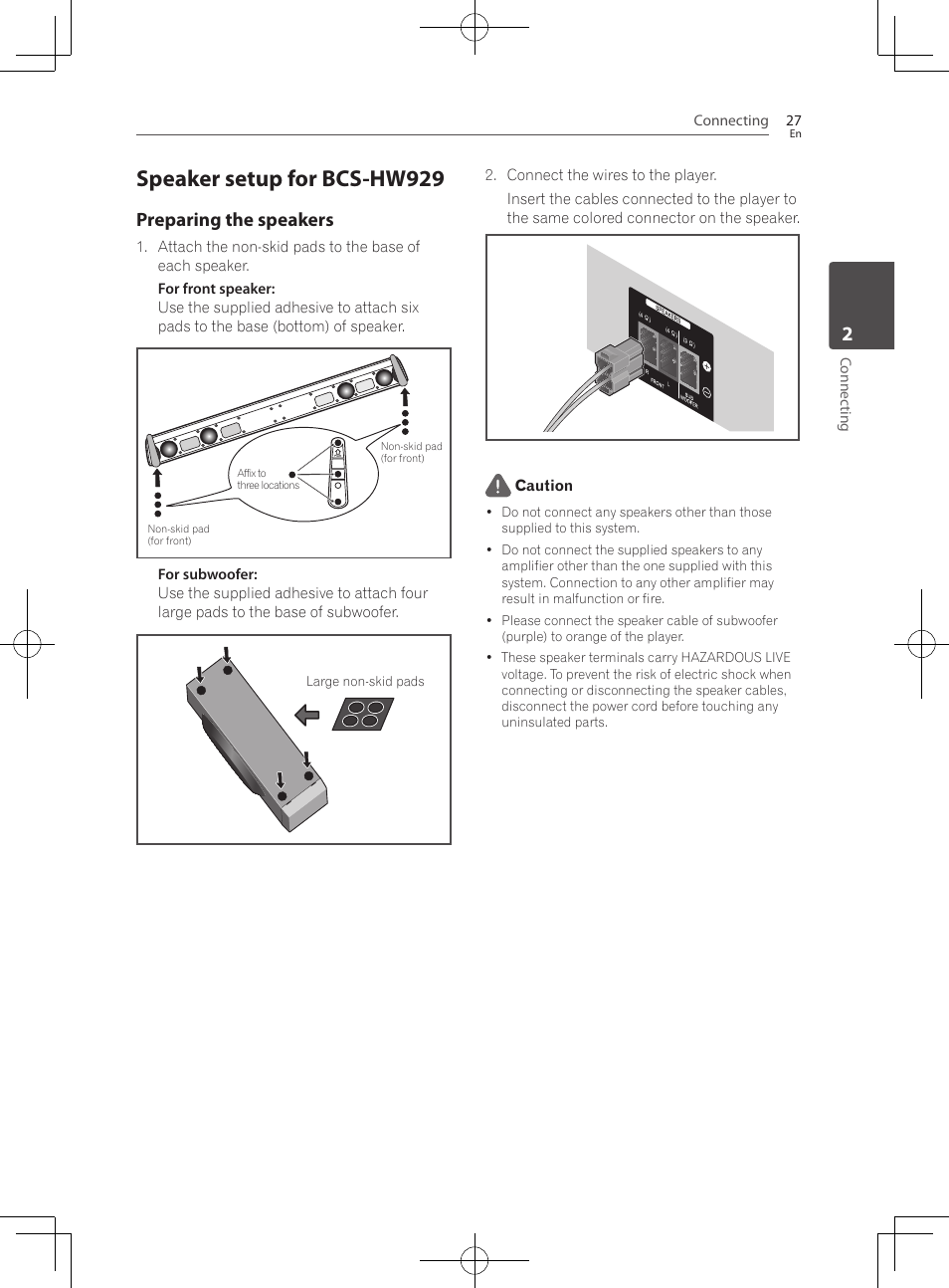 Speaker setup for bcs-hw929, Preparing the speakers | Pioneer BCS-HF828 User Manual | Page 27 / 100