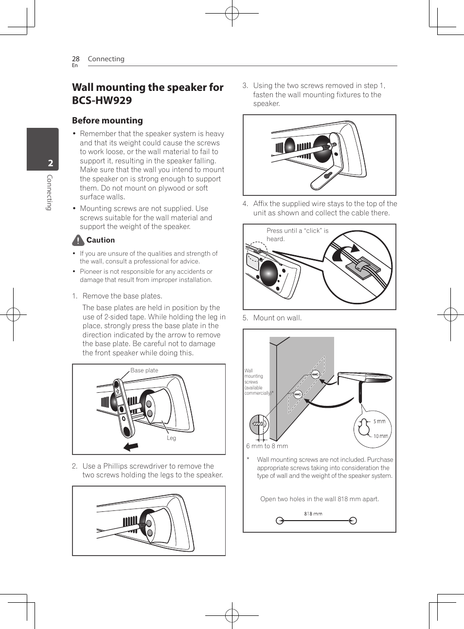 Wall mounting the speaker for bcs-hw929, Before mounting | Pioneer BCS-HF828 User Manual | Page 28 / 100