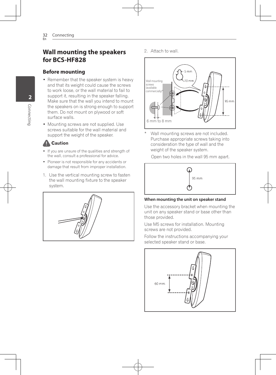 Wall mounting the speakers for bcs-hf828, Before mounting | Pioneer BCS-HF828 User Manual | Page 32 / 100