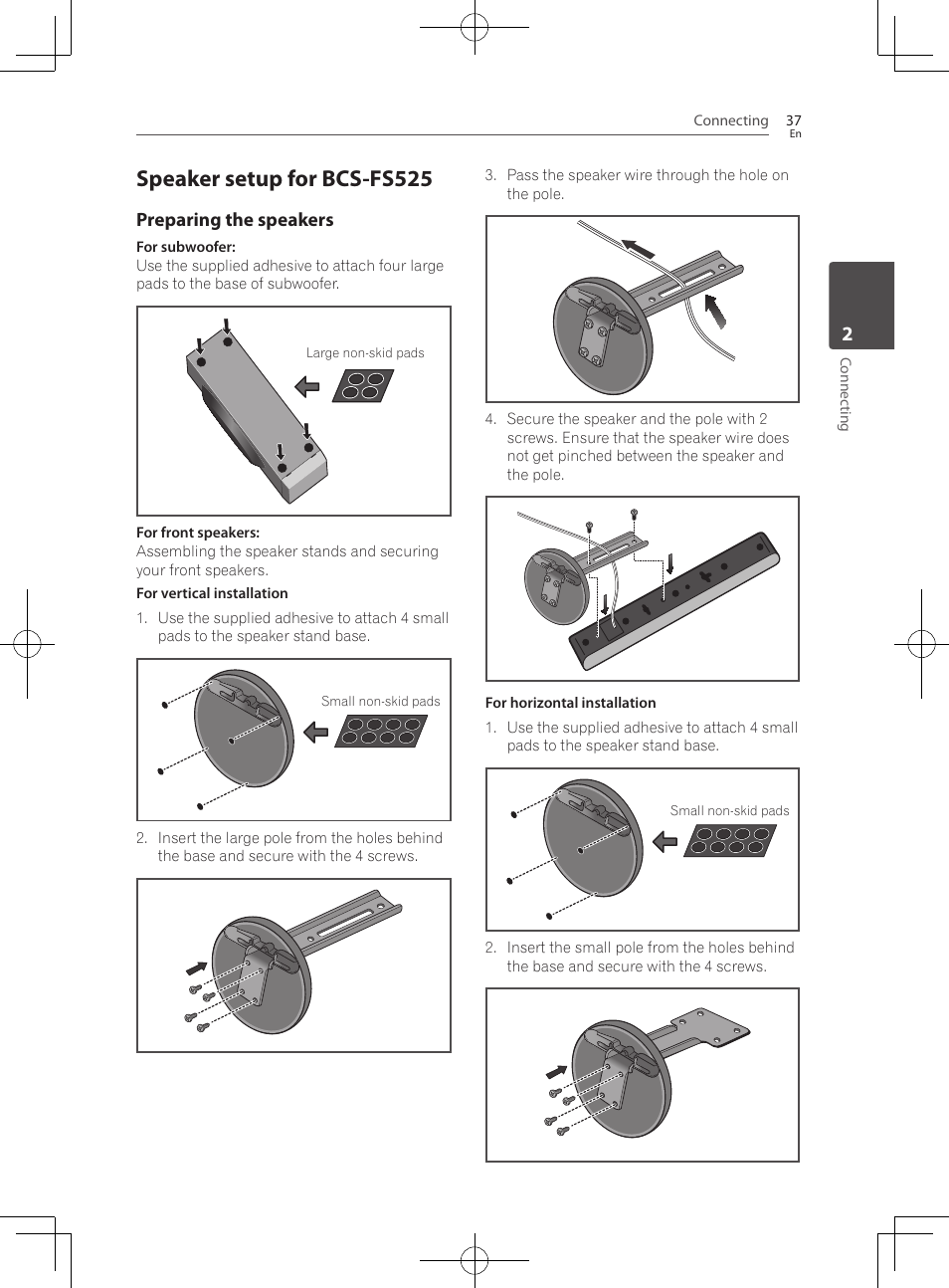 Speaker setup for bcs-fs525, Preparing the speakers | Pioneer BCS-HF828 User Manual | Page 37 / 100