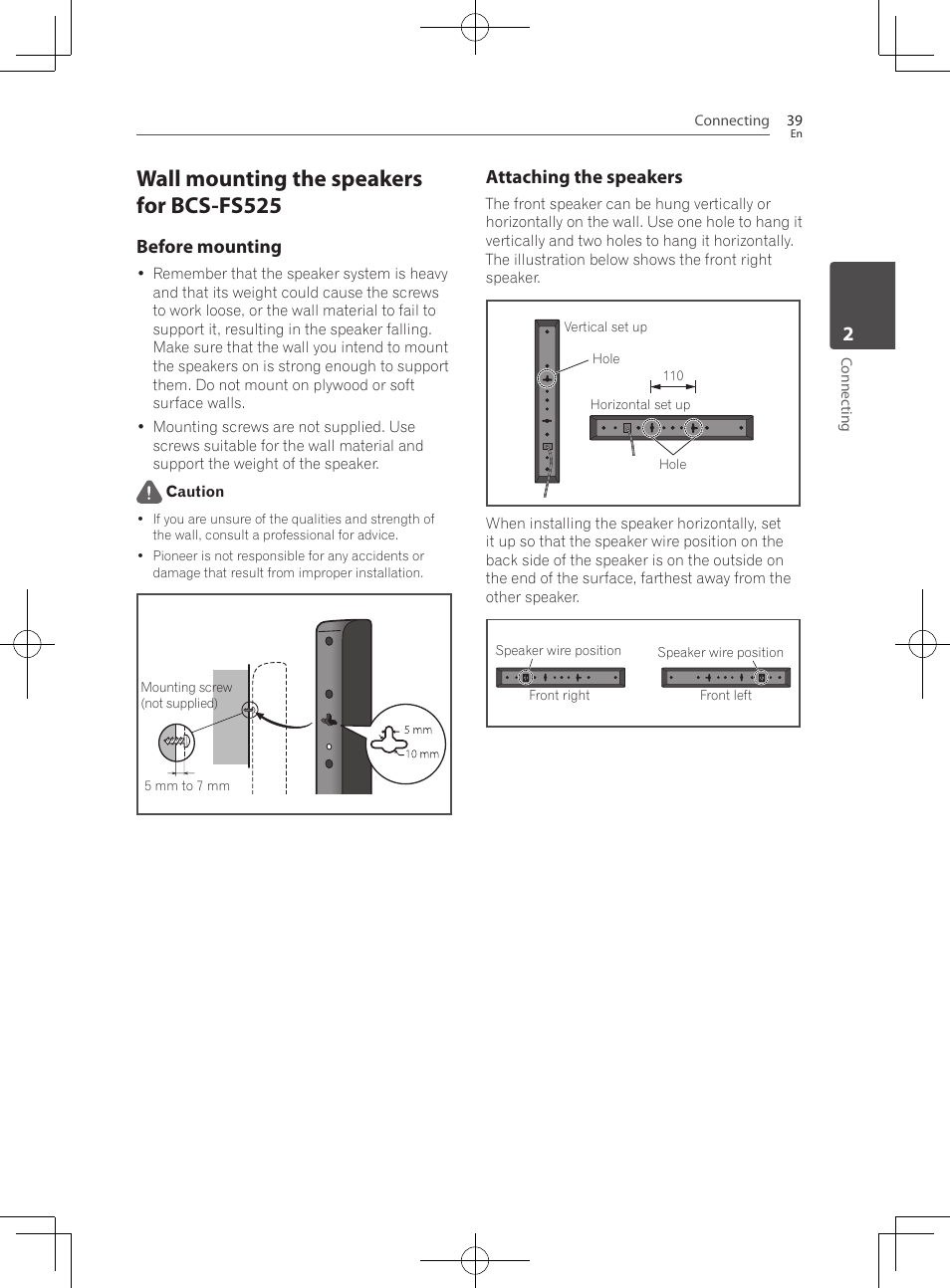 Wall mounting the speakers for bcs-fs525, Before mounting, Attaching the speakers | Pioneer BCS-HF828 User Manual | Page 39 / 100