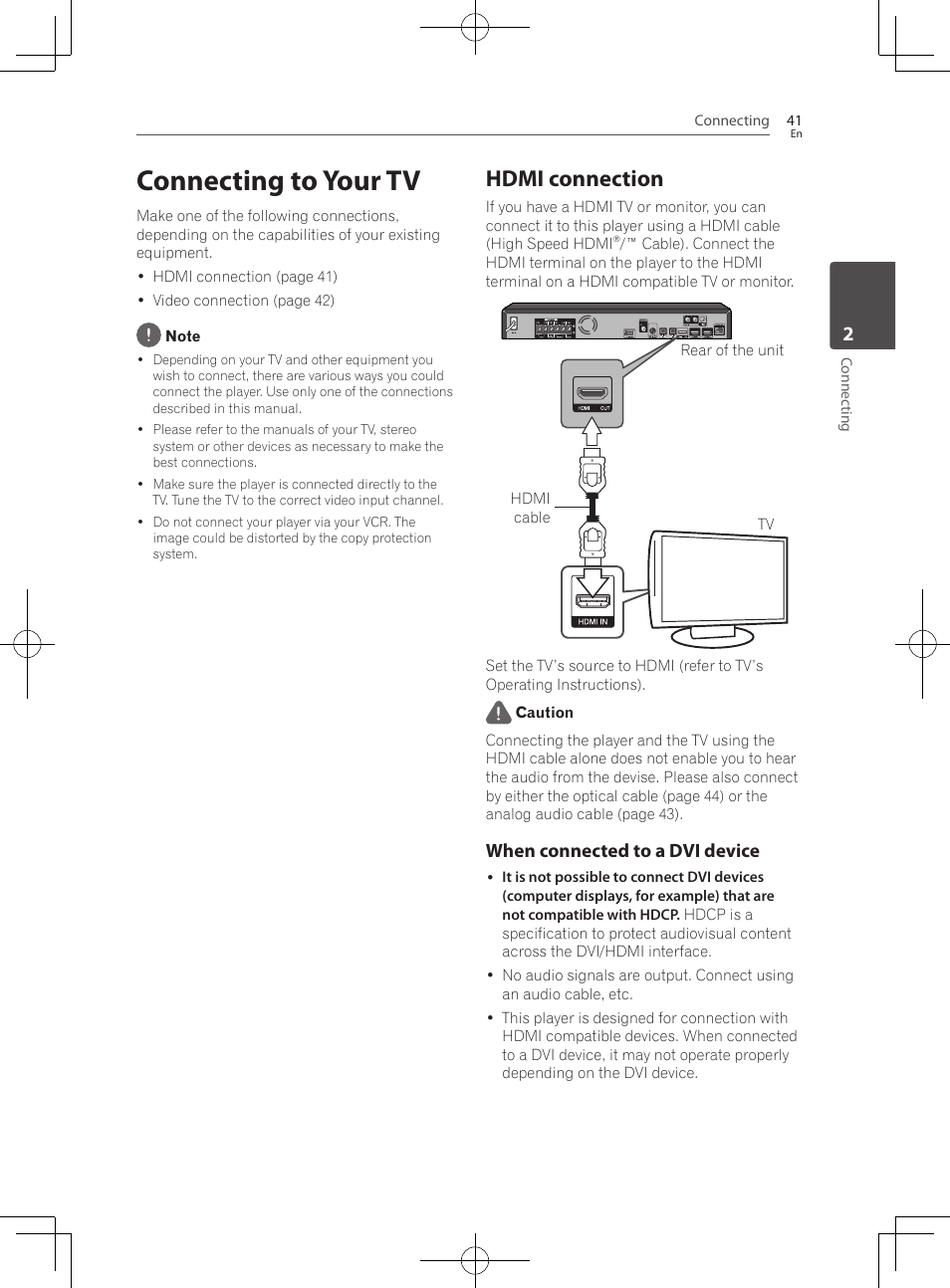 Connecting to your tv, Hdmi connection, When connected to a dvi device | Pioneer BCS-HF828 User Manual | Page 41 / 100
