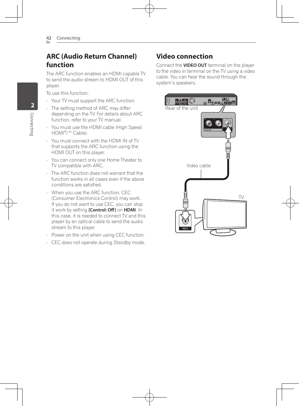 Arc (audio return channel) function, Video connection | Pioneer BCS-HF828 User Manual | Page 42 / 100