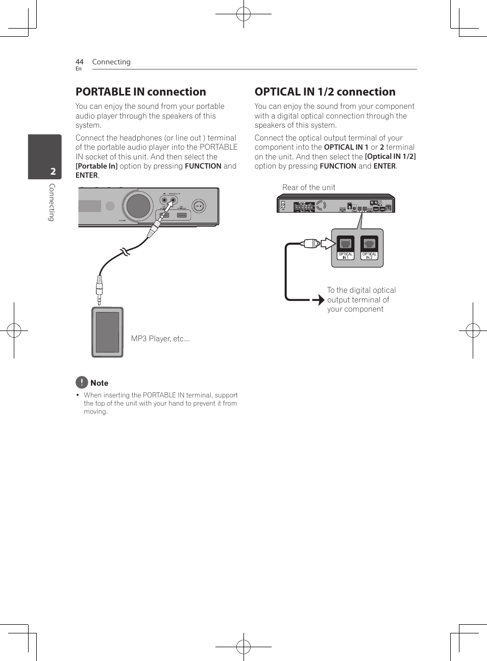 Portable in connection, Optical in 1/2 connection | Pioneer BCS-HF828 User Manual | Page 44 / 100