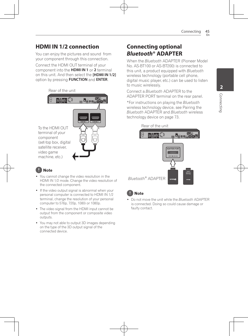 Hdmi in 1/2 connection, Connecting optional bluetooth ® adapter | Pioneer BCS-HF828 User Manual | Page 45 / 100