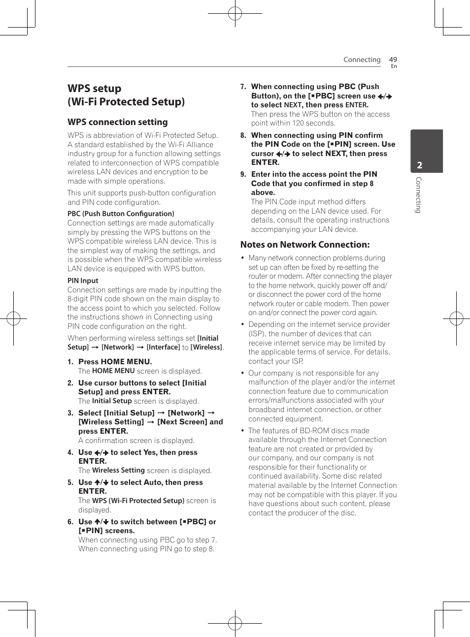 Wps setup (wi-fi protected setup), Wps connection setting | Pioneer BCS-HF828 User Manual | Page 49 / 100
