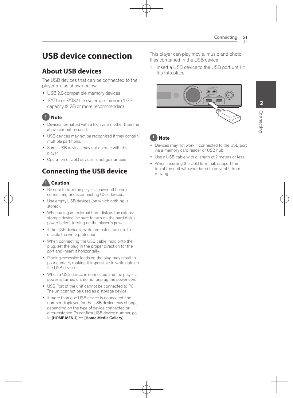 Usb device connection, About usb devices, Connecting the usb device | Pioneer BCS-HF828 User Manual | Page 51 / 100