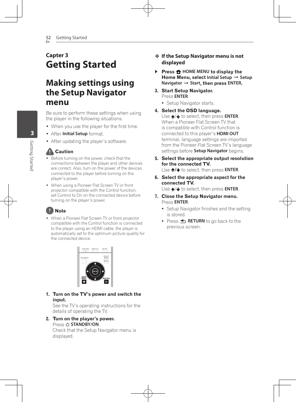 Making settings using the setup navigator menu, Getting started | Pioneer BCS-HF828 User Manual | Page 52 / 100