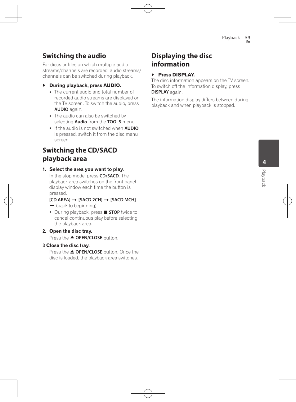 Switching the audio, Switching the cd/sacd playback area, Displaying the disc information | Pioneer BCS-HF828 User Manual | Page 59 / 100