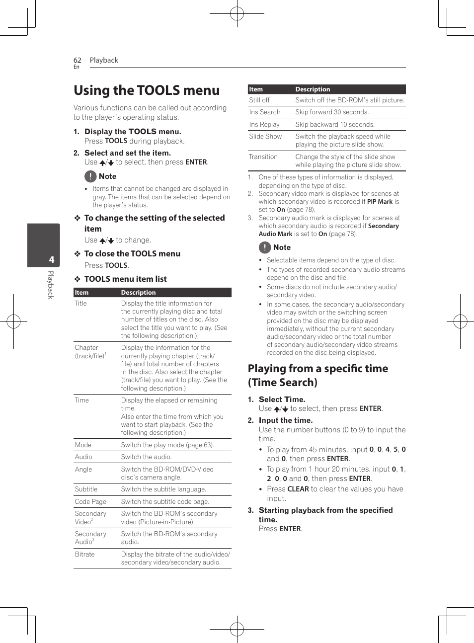 Using the tools menu, Playing from a specific time (time search) | Pioneer BCS-HF828 User Manual | Page 62 / 100