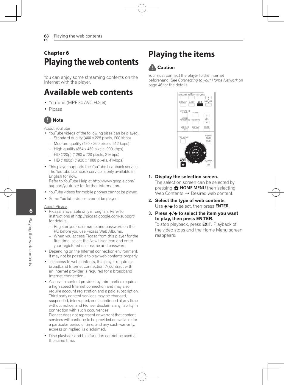 Available web contents, Playing the items, Playing the web contents | Chapter 6 | Pioneer BCS-HF828 User Manual | Page 68 / 100