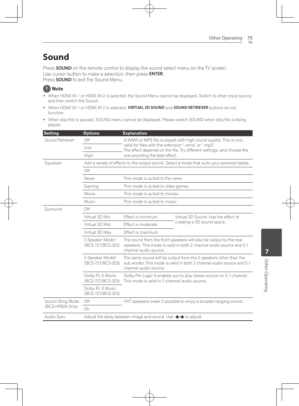 75 sound, Sound | Pioneer BCS-HF828 User Manual | Page 75 / 100