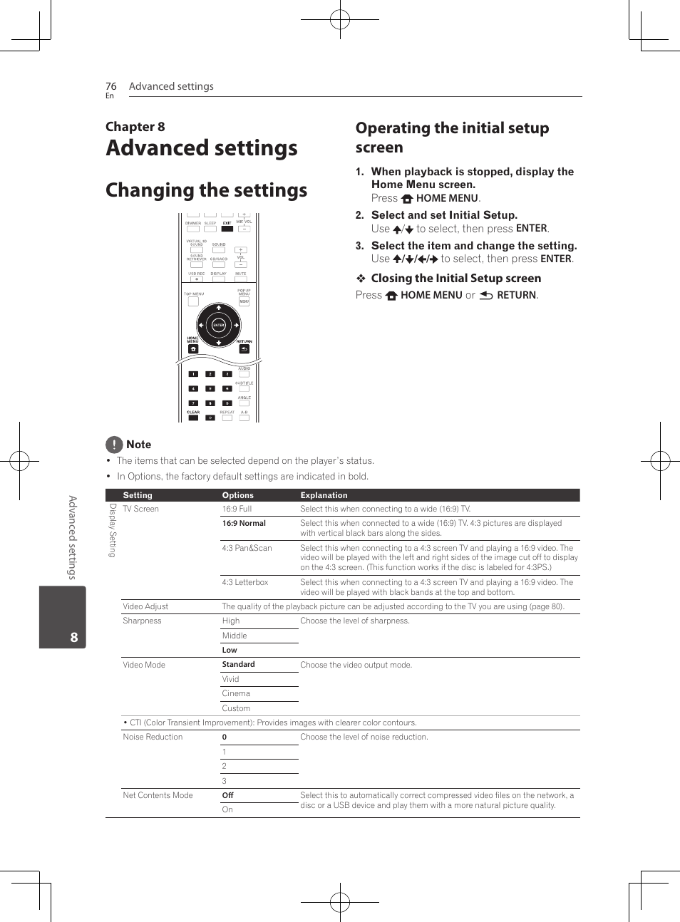 Changing the settings, Operating the initial setup screen, Advanced settings | Chapter 8 | Pioneer BCS-HF828 User Manual | Page 76 / 100