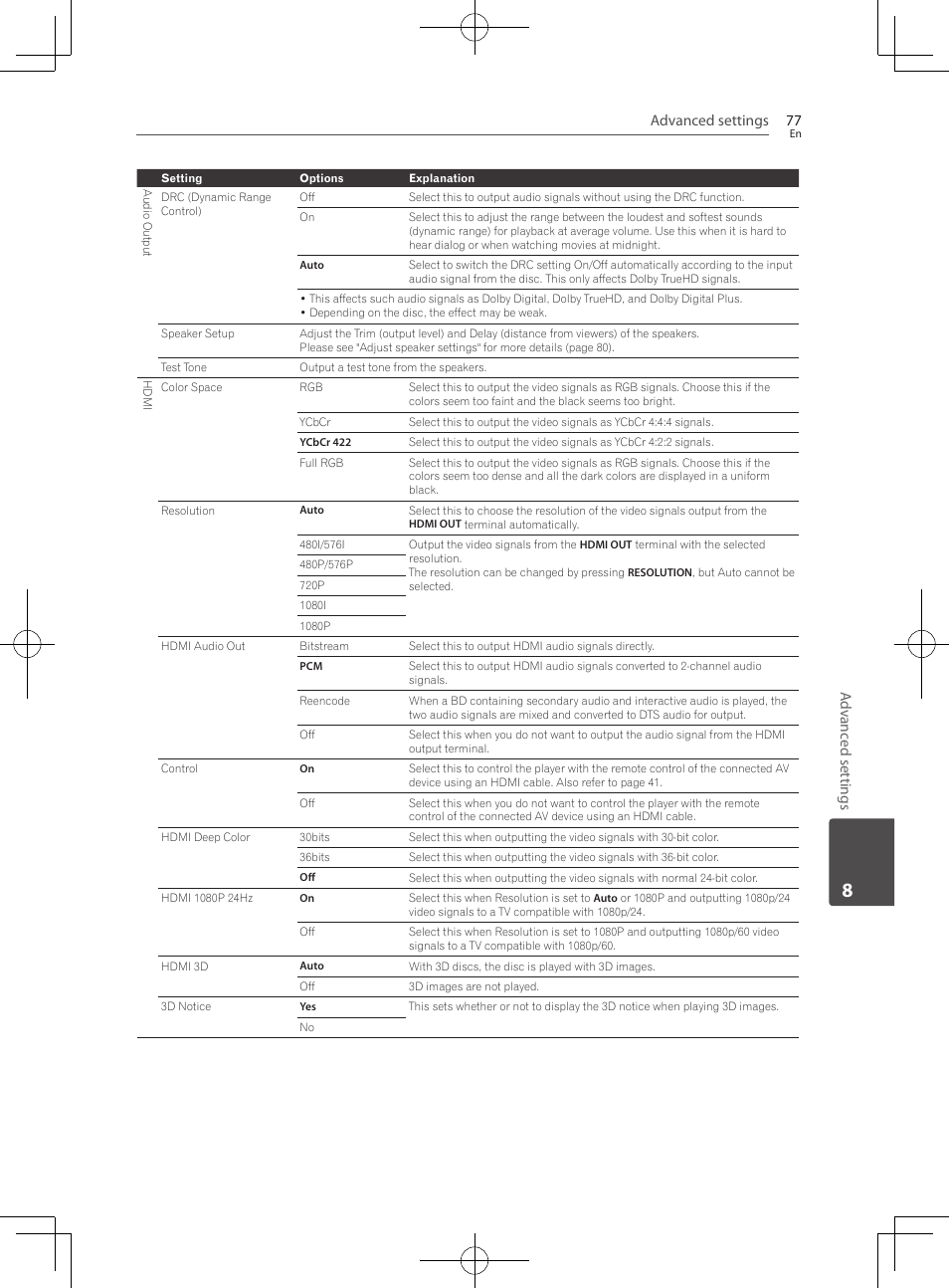 Advanced settings 77, Adv anc ed settings | Pioneer BCS-HF828 User Manual | Page 77 / 100