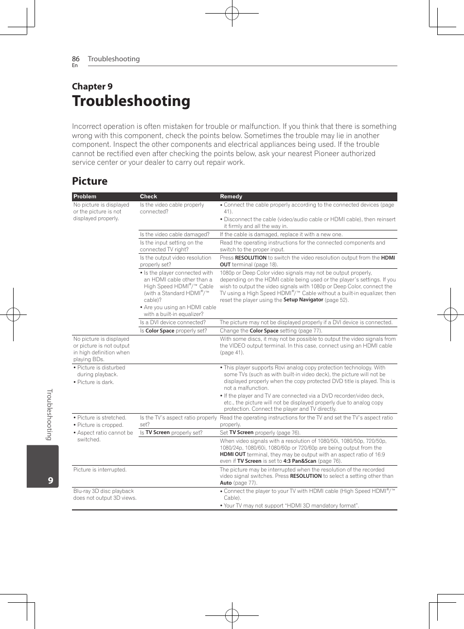 86 – picture, Picture, Chapter 9 | Troubleshooting 86, Troubleshooting | Pioneer BCS-HF828 User Manual | Page 86 / 100