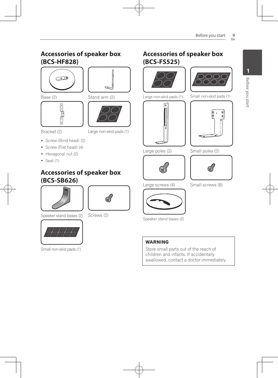 Accessories of speaker box (bcs-hf828), Accessories of speaker box (bcs-sb626), Accessories of speaker box (bcs-fs525) | Pioneer BCS-HF828 User Manual | Page 9 / 100