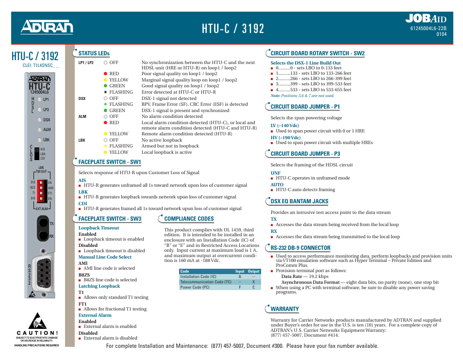 ADTRAN HTU-C / 3192 User Manual | 2 pages