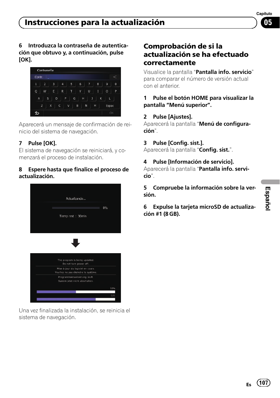 Comprobación de si la actualización se, Ha efectuado correctamente, 05 instrucciones para la actualización | Pioneer AVIC-F9210BT User Manual | Page 107 / 176