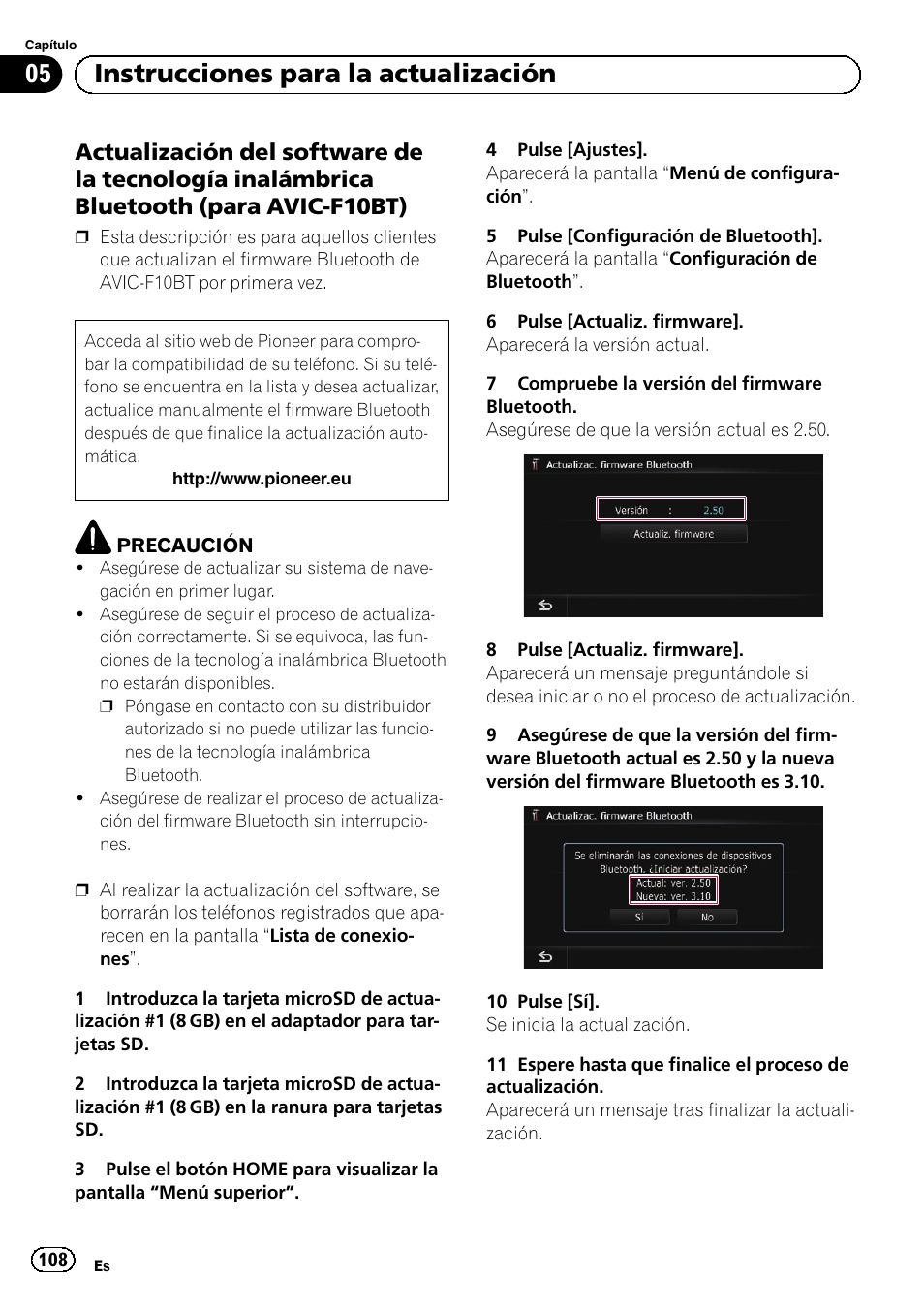 Actualización del software de la, Tecnología inalámbrica bluetooth (para avic-f10bt), 05 instrucciones para la actualización | Pioneer AVIC-F9210BT User Manual | Page 108 / 176