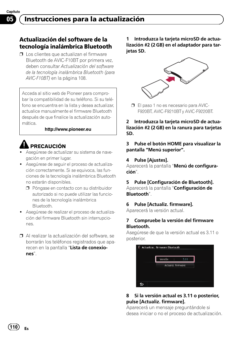 Actualización del software de la, Tecnología inalámbrica bluetooth, 05 instrucciones para la actualización | Pioneer AVIC-F9210BT User Manual | Page 110 / 176