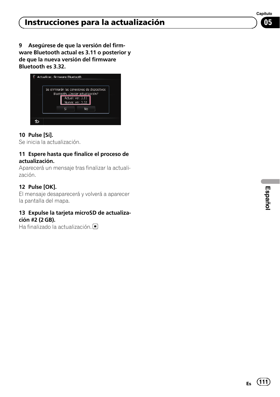 05 instrucciones para la actualización | Pioneer AVIC-F9210BT User Manual | Page 111 / 176