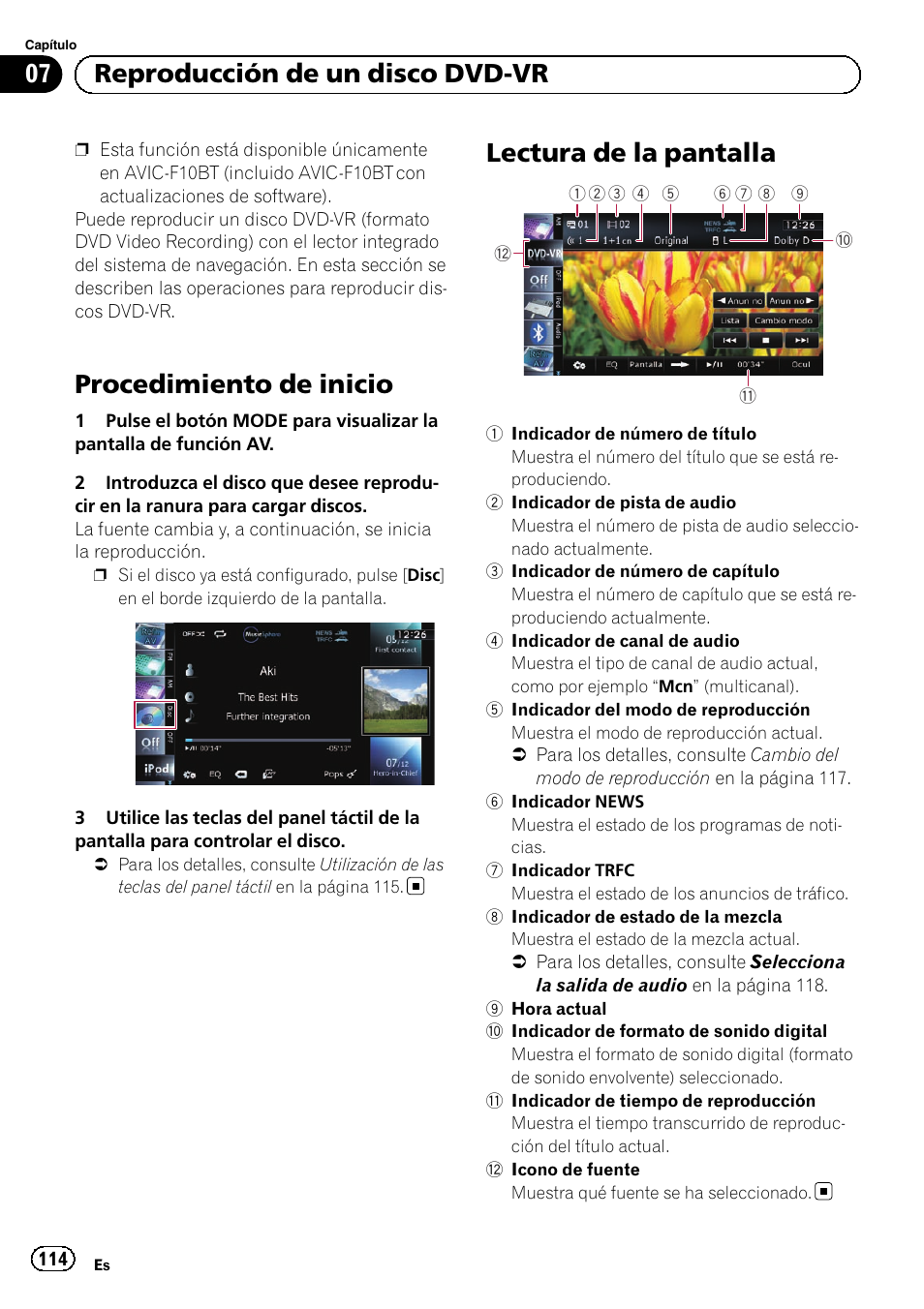 Lectura de la pantalla, Procedimiento de inicio, 07 reproducción de un disco dvd-vr | Pioneer AVIC-F9210BT User Manual | Page 114 / 176