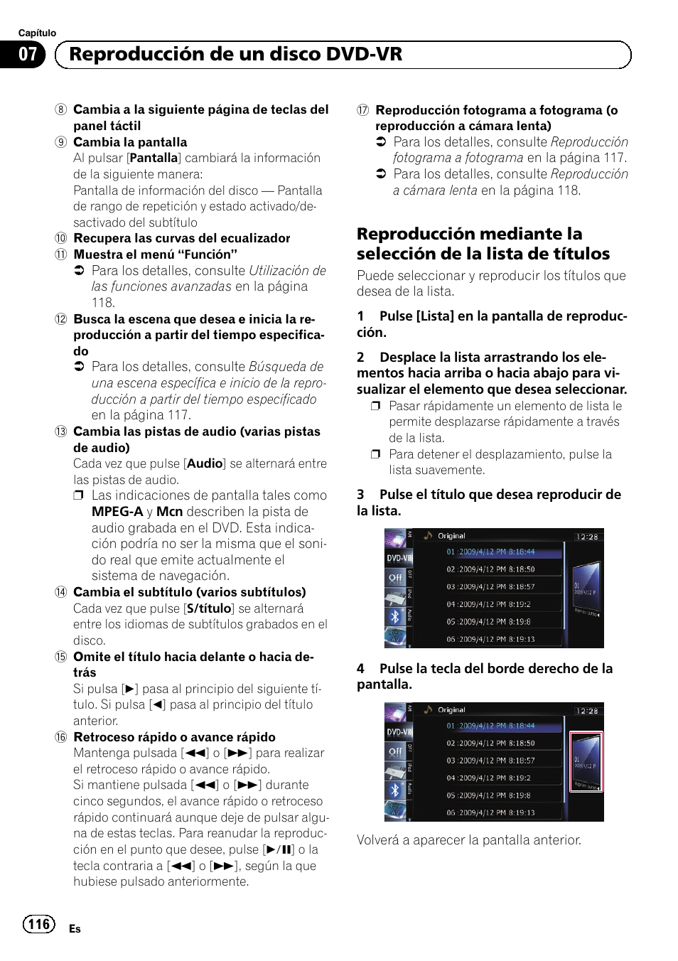 Reproducción mediante la selección de, La lista de títulos, Reproducción | 07 reproducción de un disco dvd-vr | Pioneer AVIC-F9210BT User Manual | Page 116 / 176